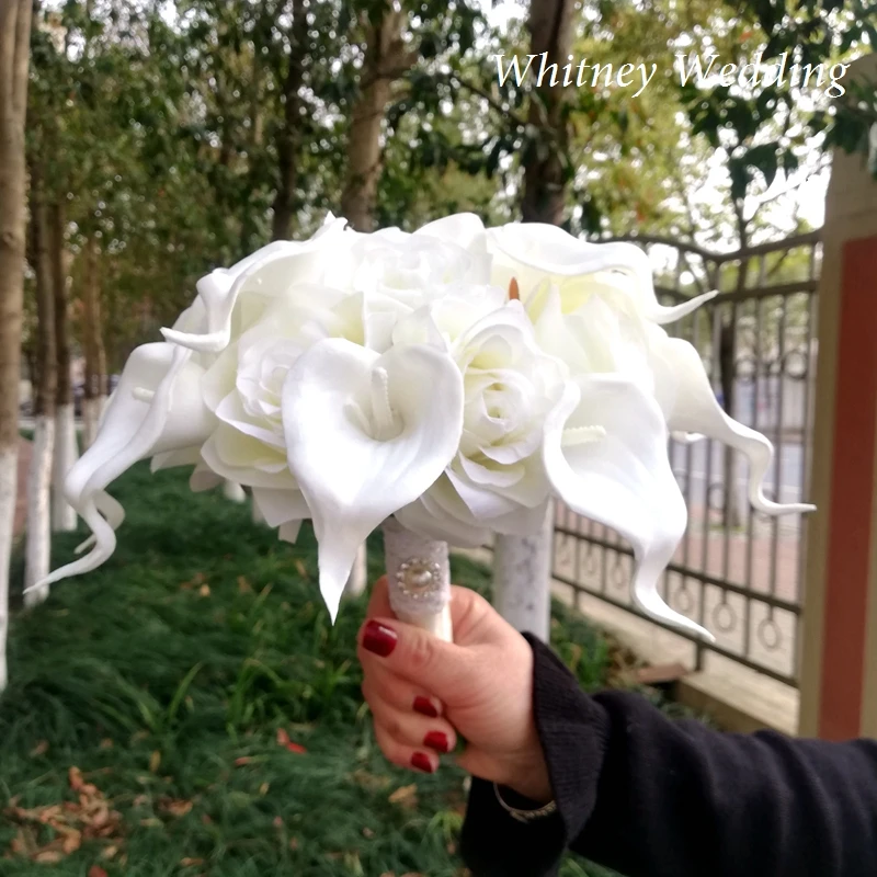 Einfache Runde Weiß Rosen Hochzeit Blumen Real Touch Calalily Brautjungfer Braut Bouquet Deco Mariage