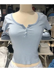 Kobiety klasyczne paski smukły krótki tank Top lato przycisk O-Neck miękkie bawełniane koszulki z krótkim rękawem elegancki słodka, modna Y2k topy kobiety