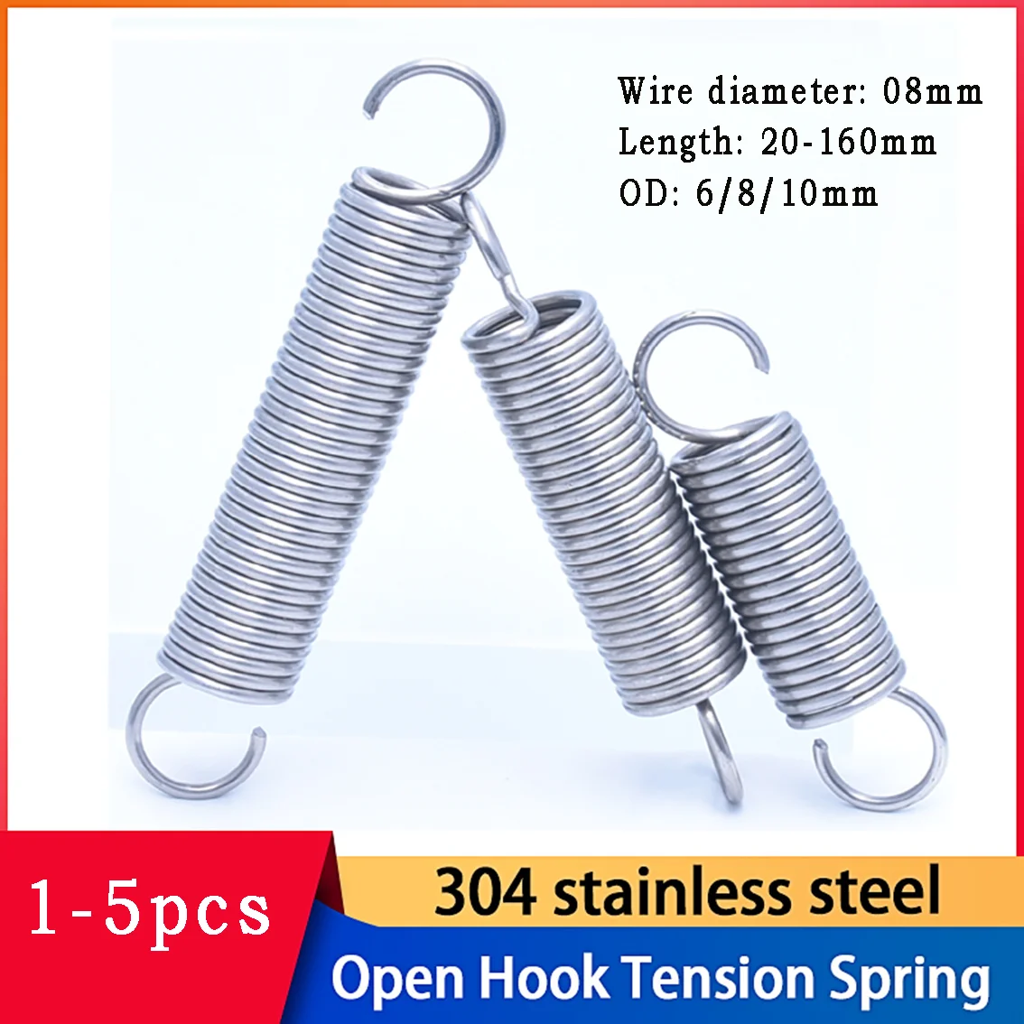 1-5Pcs 304 Stainless Steel Hook Tension Spring Return Spring Spiral Tension Spring Diameter 0.8mm Length 20-160mm OD 6/8/10mm