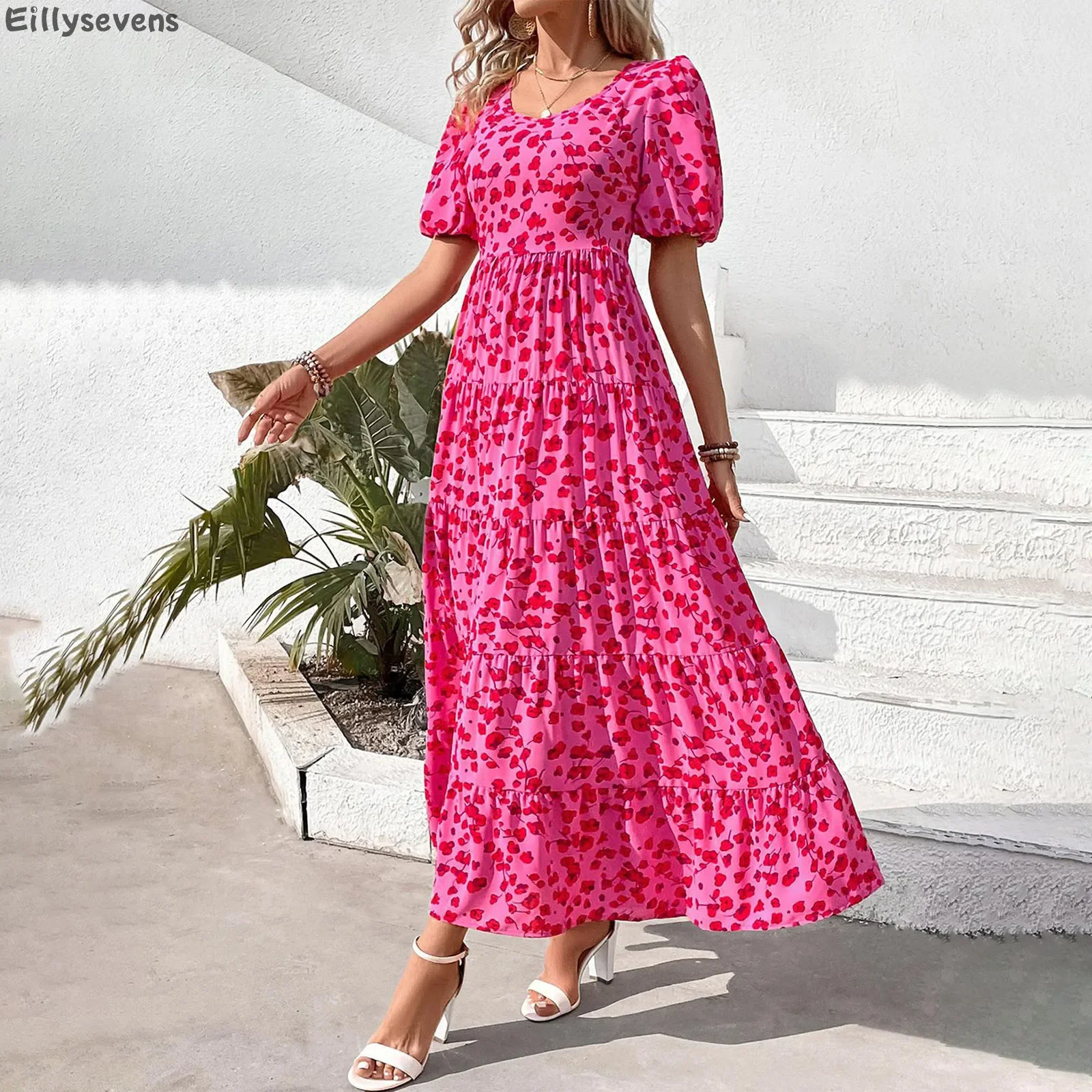 Vestidos para mulheres casual verão traf puff manga floral maxi vestido reunido aberto volta fluindo em camadas praia boêmio saias longas