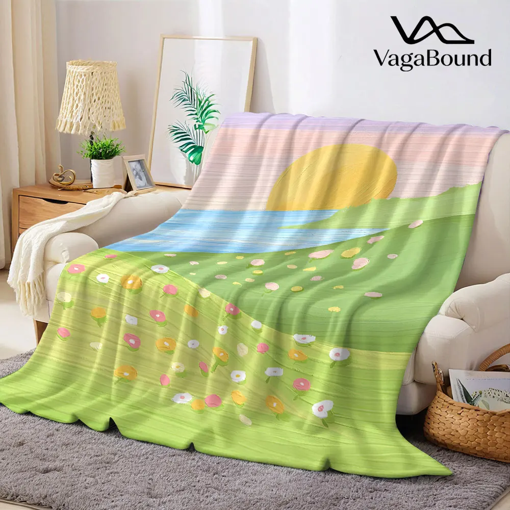 Oil Painting Sunset Meadow Flannel Blanket Warm Soft Halloween Christmas Decorative Couch Warm Cozy All-Season Gift