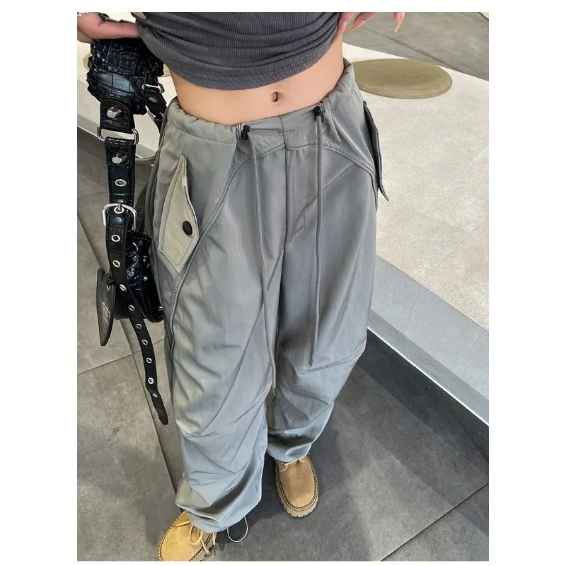 Cool and Trendy Street Hiphop Paratrooper Workwear Pants for Women High-waisted, Drawstring, Wide-leg Trousers for Men in Summer