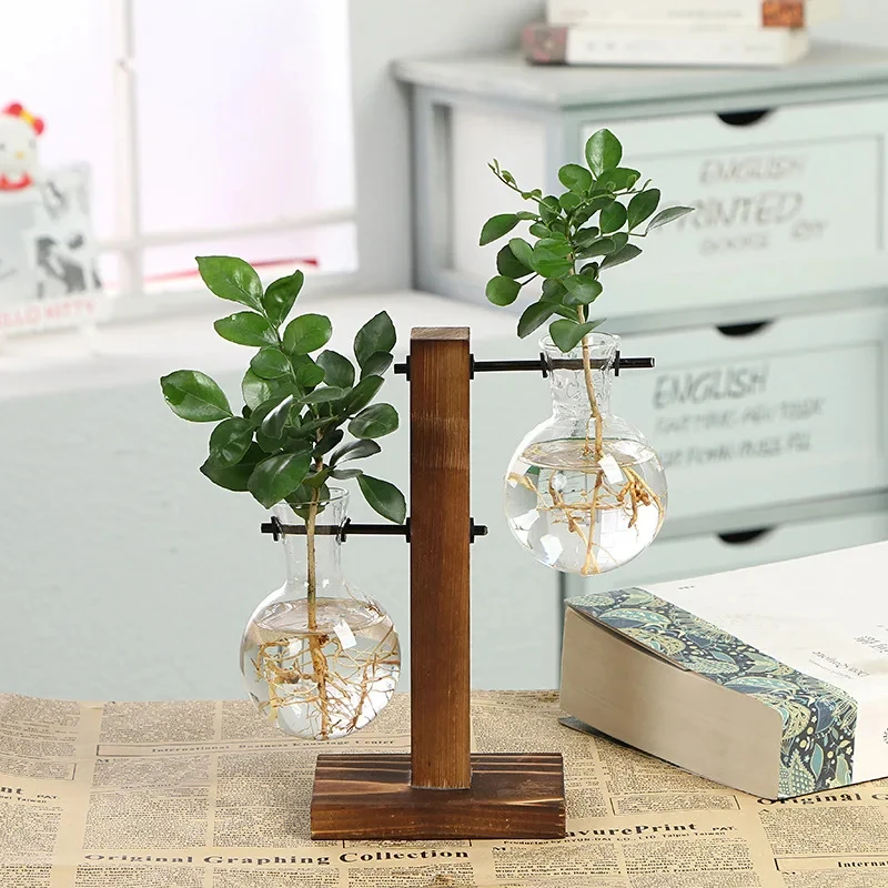 Creative Hydroponic Vase Wooden Frame Green Pineapple Glass Flower Vase for Desktop Home Decoration