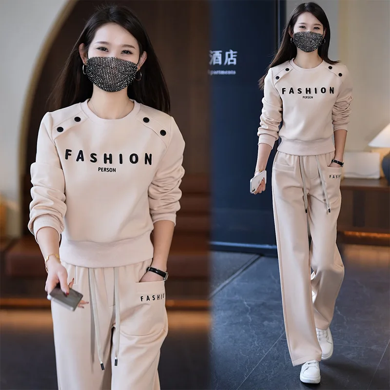 Latest Comfortable Cotton Leisure Sports Suit Lady 2025 Spring Autumn New Skinny Petite Wide Leg Pants Two-piece Set