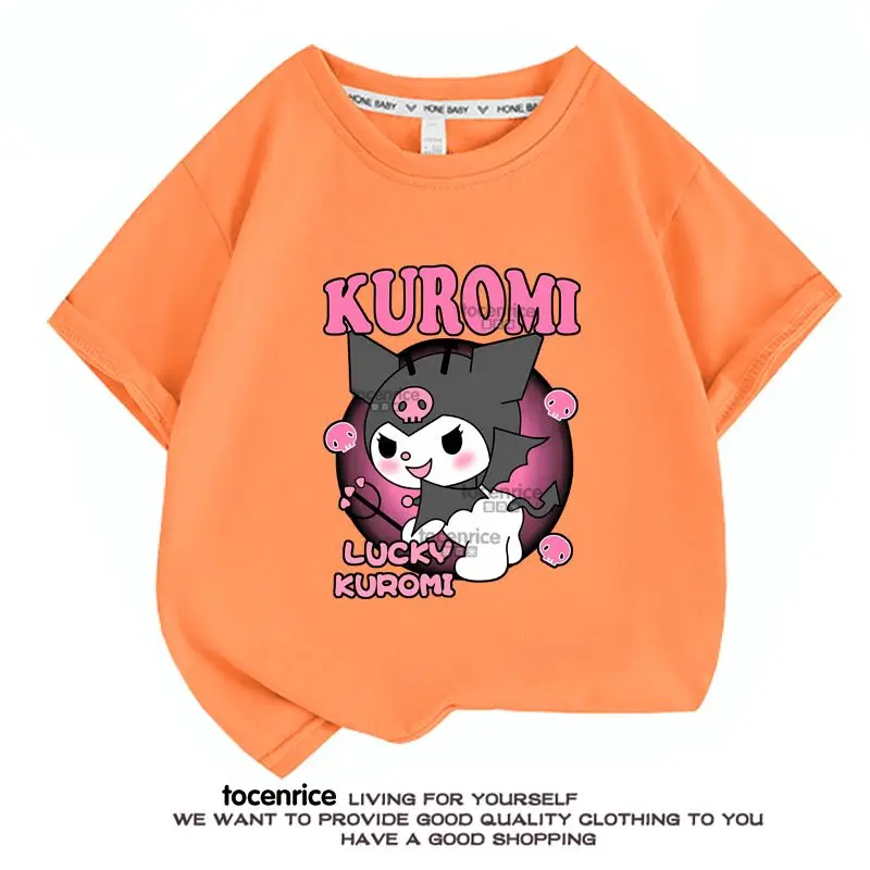 Kawaii Anime Kuromi Short Sleeve Cute Cartoon Cotton T-Shirt Fashion Children Loose Tops Summer Children Clothes Gifts for Kids