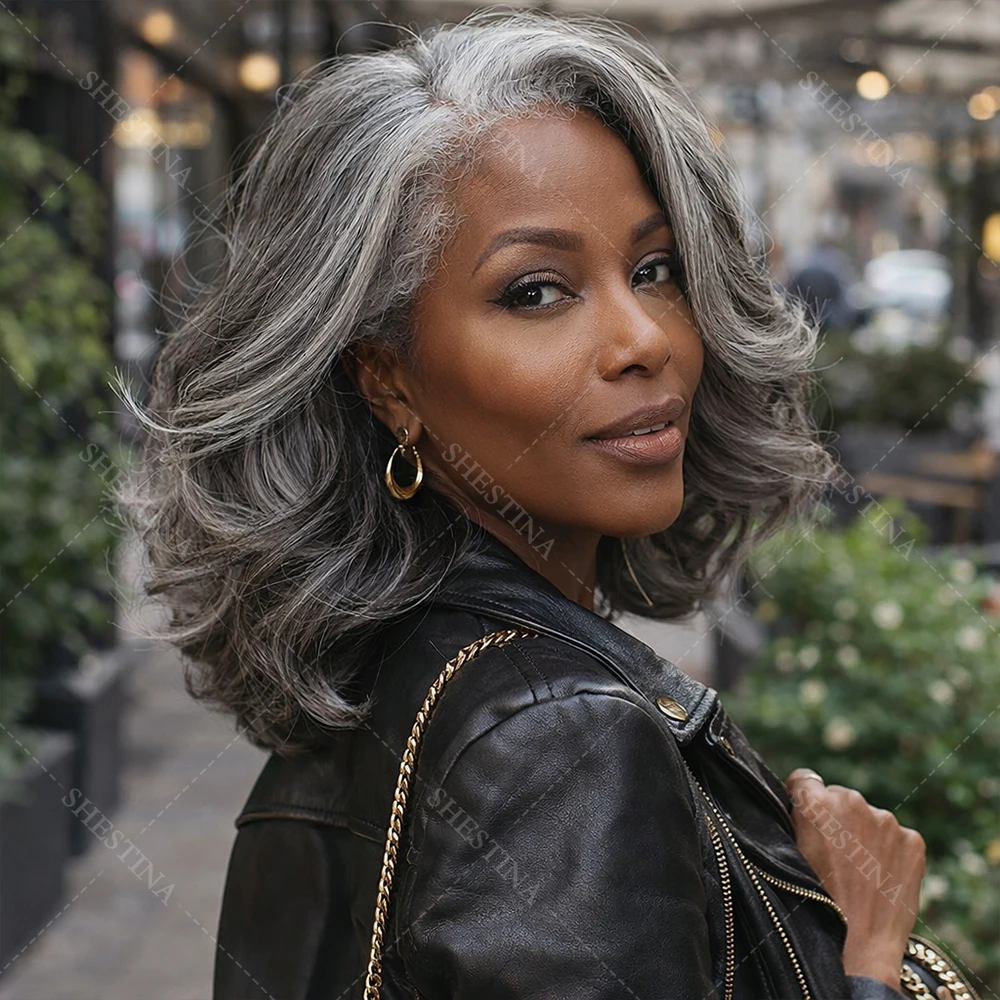 Peluca Bob de Cabello Humano Natural Vietnamita Ondulado Soul Lady con Cierre de Encaje 5x5, Largo hasta los Hombros, Color Sal y Pimienta, Cabello Suelto