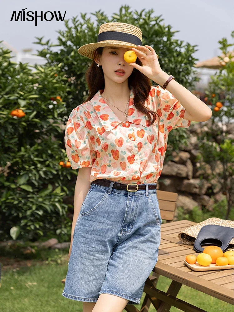 Mishow coreano chique moda feminina blusas elegantes verão francês doce retro floral polo-pescoço mangas puff topos mxb27c0450