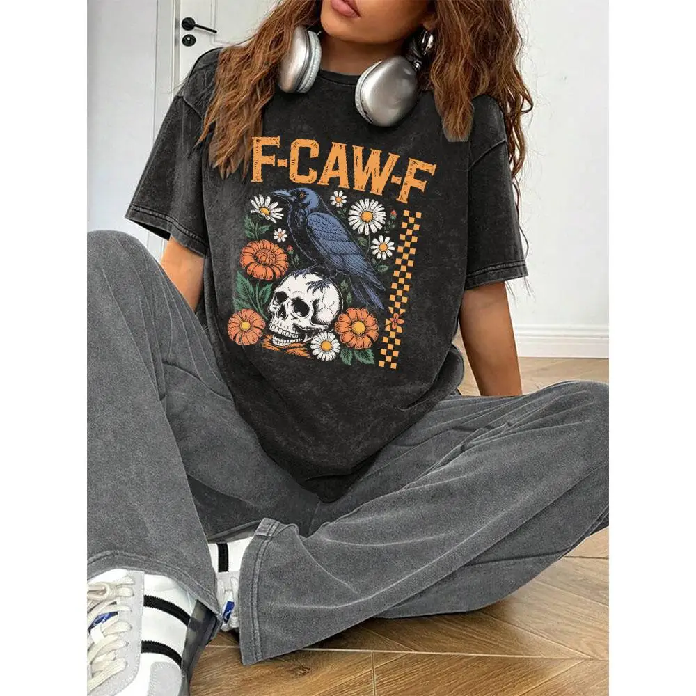 

Vintage Graphic T-shirt for Women Oversized F-CAW-F Crow Skull Floral Print Grunge Streetwear Top