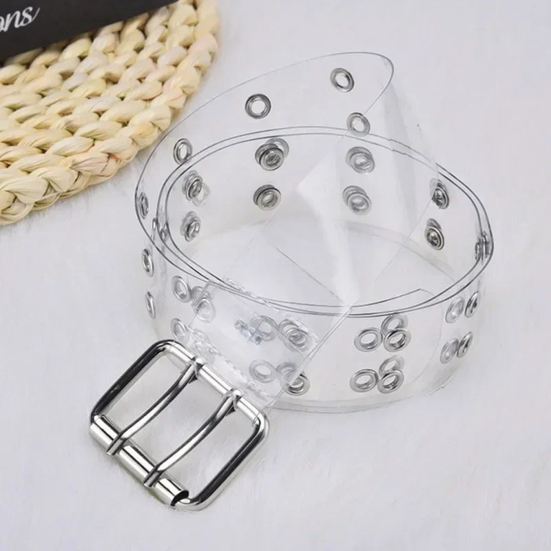 Women Summer Transparent PVC Belt Two Rows Multi Hole Waistband Laser Square Pin Buckle Invisible Fashion Belt Creative Gift