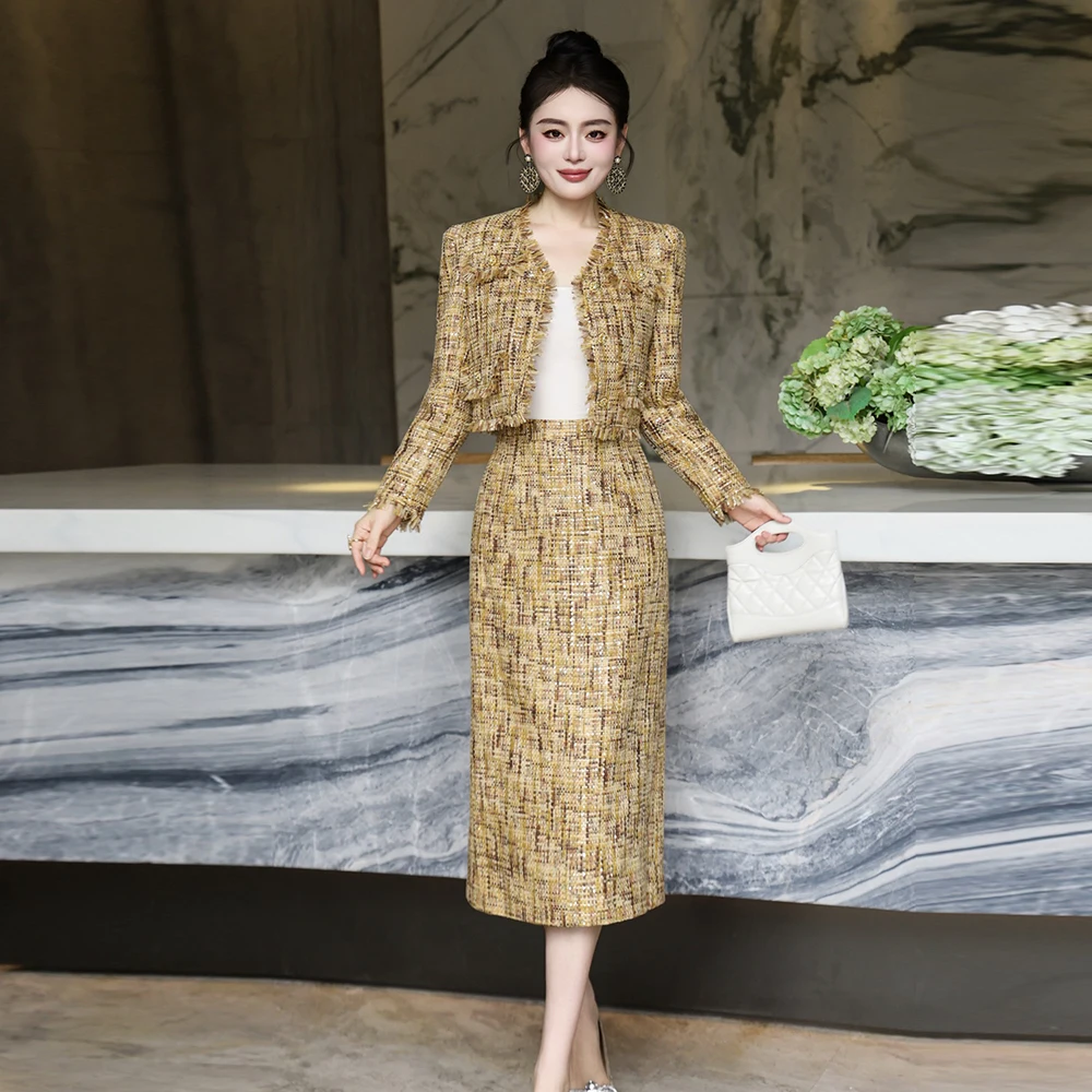 

ZJYT Элегантный твидовый шерстяной пиджак и юбка-миди, костюм на осень-зиму, женский наряд из двух предметов, новинка 2025 года, вечерние винтажные комплекты платьев