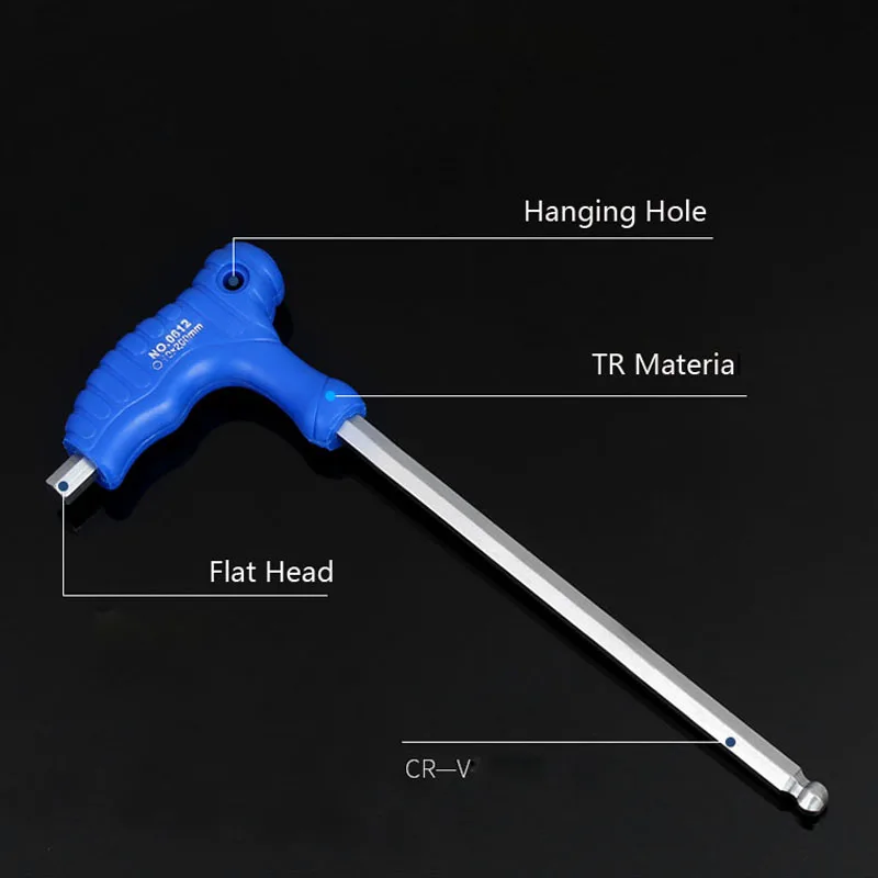 Blue T-handle Blat Head Hex Key Wrench Chrome Vanadium Steel Lengthen Hex Key Allen Wrench for Hardware Home Use Repair Tool