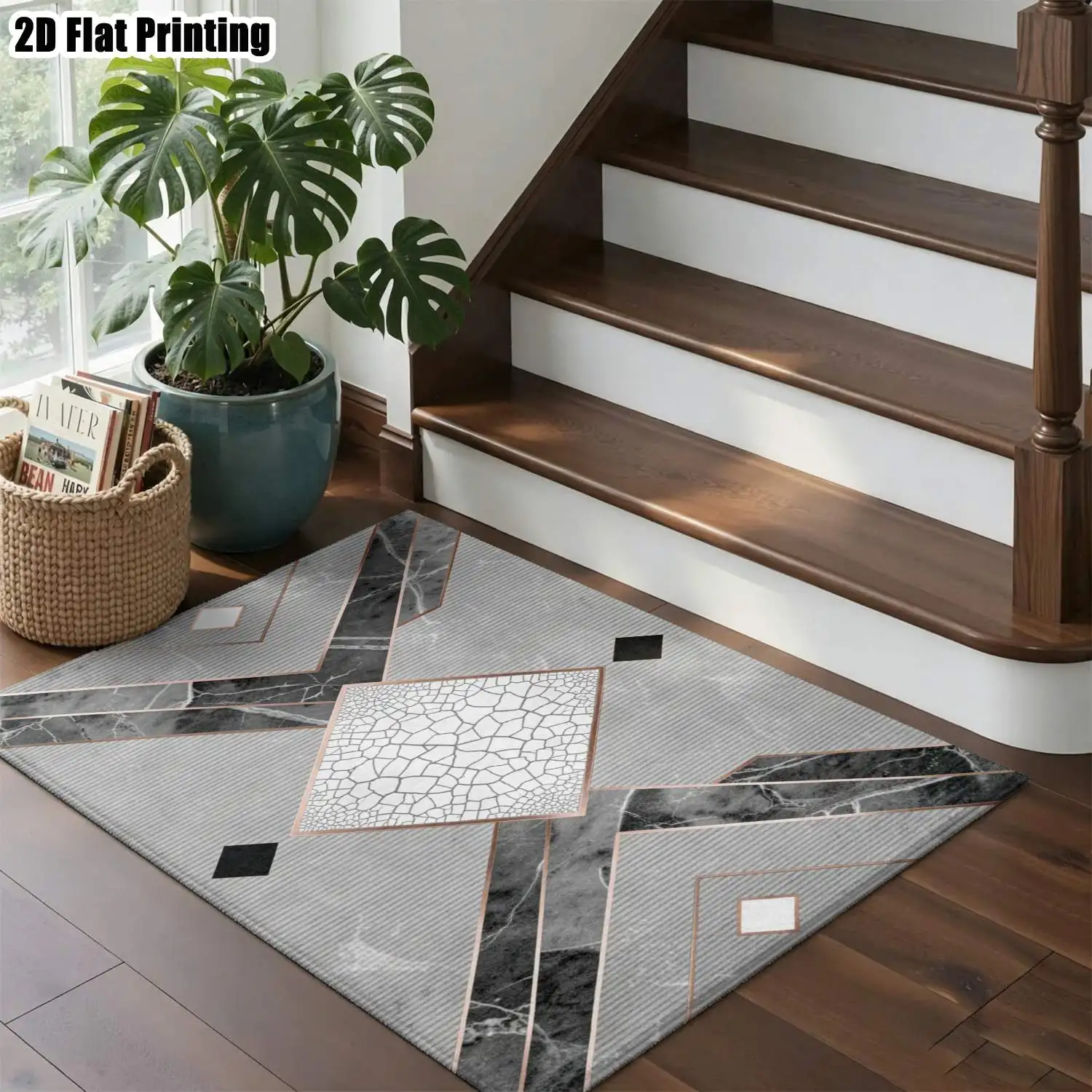 1Pc 2D Printed Gray-Black Geometric Crackle Carpet, Modern Simple Style, Suitable for Multi-Scene Decor, Machine Washable, Multiple Sizes