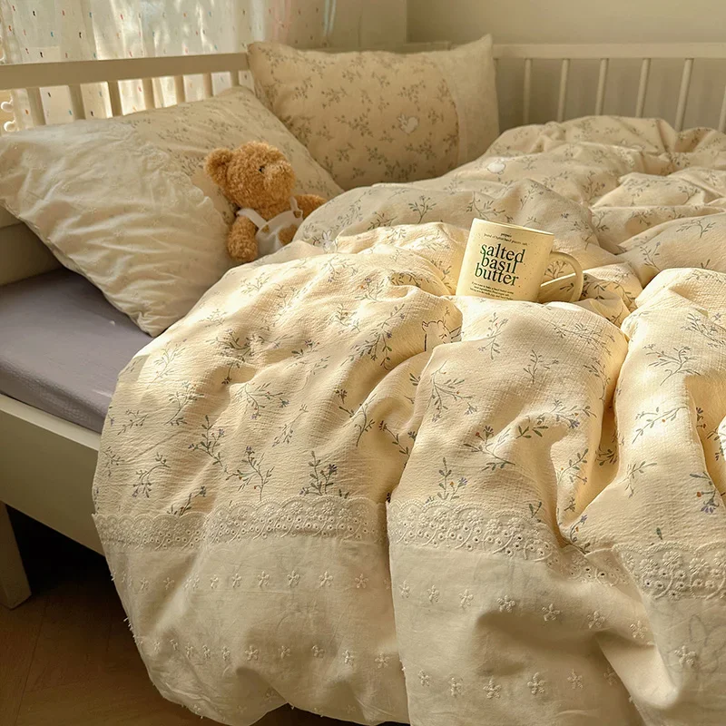 Class A double gauze bed four-piece set of girly heart lace lace sheets and quilt cover dormitory three-piece set