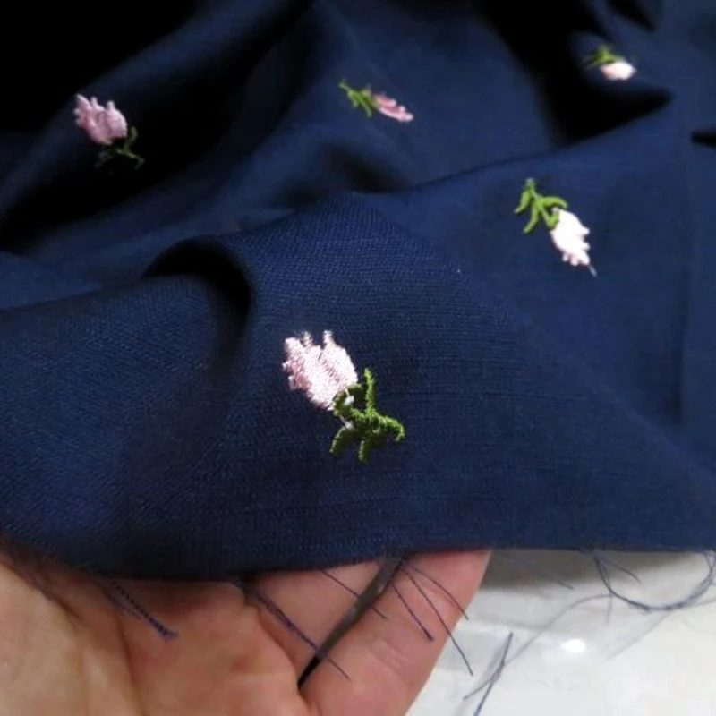 

Polyster and Cotton Fabric Soft Pendant Navy Blue Background Pink Green Small Floral Embroidery Jacquard Semi-Cotton Fabric