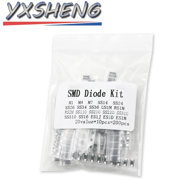 200PCS SMD Diode Assorted Kit 20Value*10PCS Contains SS110 SS220 SS210 SS310 SS510 SS16 SS26 SS34 SS36 ES1J ES1D M7 M4 US1M