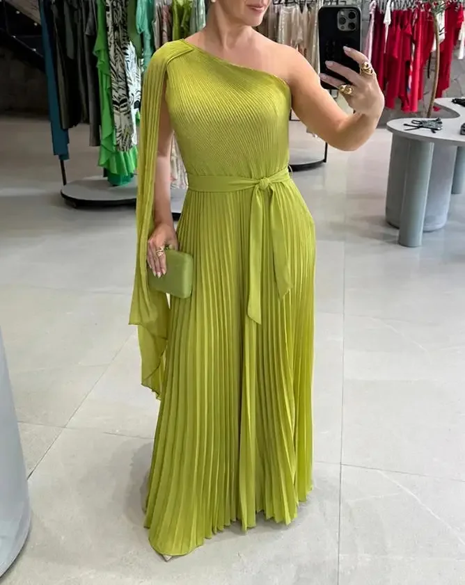 

2026 New Product&Women's Asymmetric Single Shoulder Pleated Open Sleeve Twisted Front Side Party Dress Banquet Dress