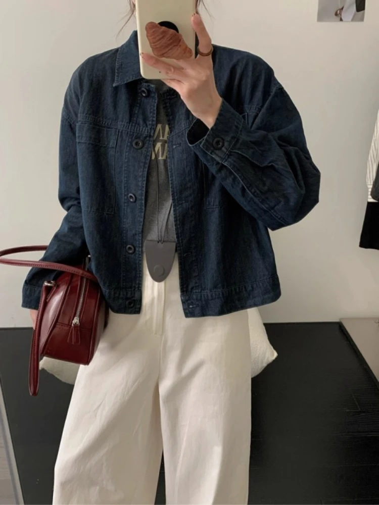 

Women Spring Summer Autumn Korean Vintage Polo Collar Cropped Denim Jacket Casual Short Coat Washed Relaxed Outerwear Top
