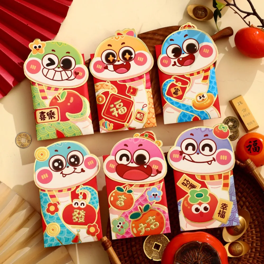 6pcs Personalized Gilded Cartoon Snake Red Envelope 3D Solid Red Packet Mixed Pattern Paper Lucky Money Bag Kids