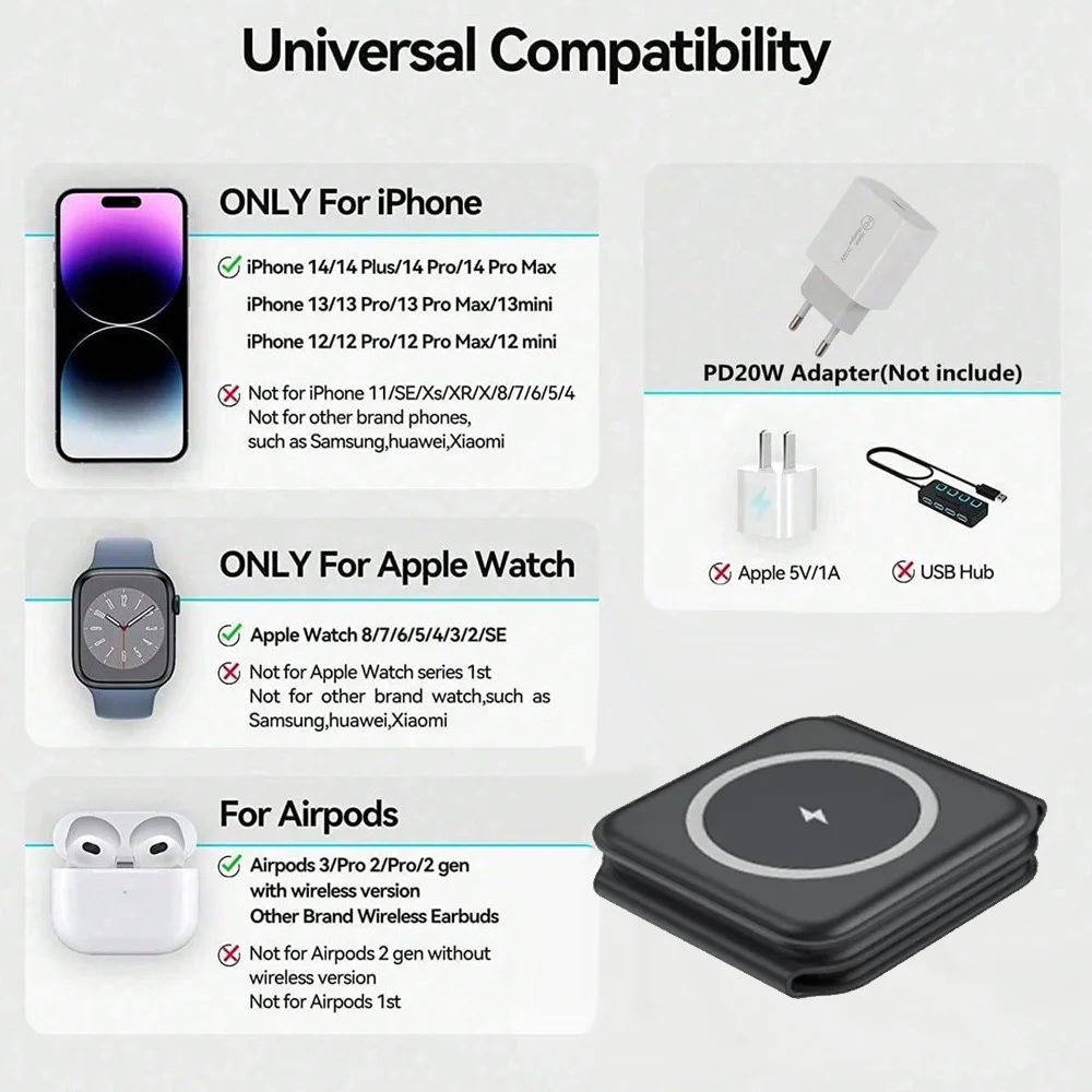 100W 3 in 1 무선 충전기 패드 스탠드 iPhone 15 14 13 12 11 8 Apple Watch Airpods Pro 용 접이식 고속 충전 도킹 스테이션
