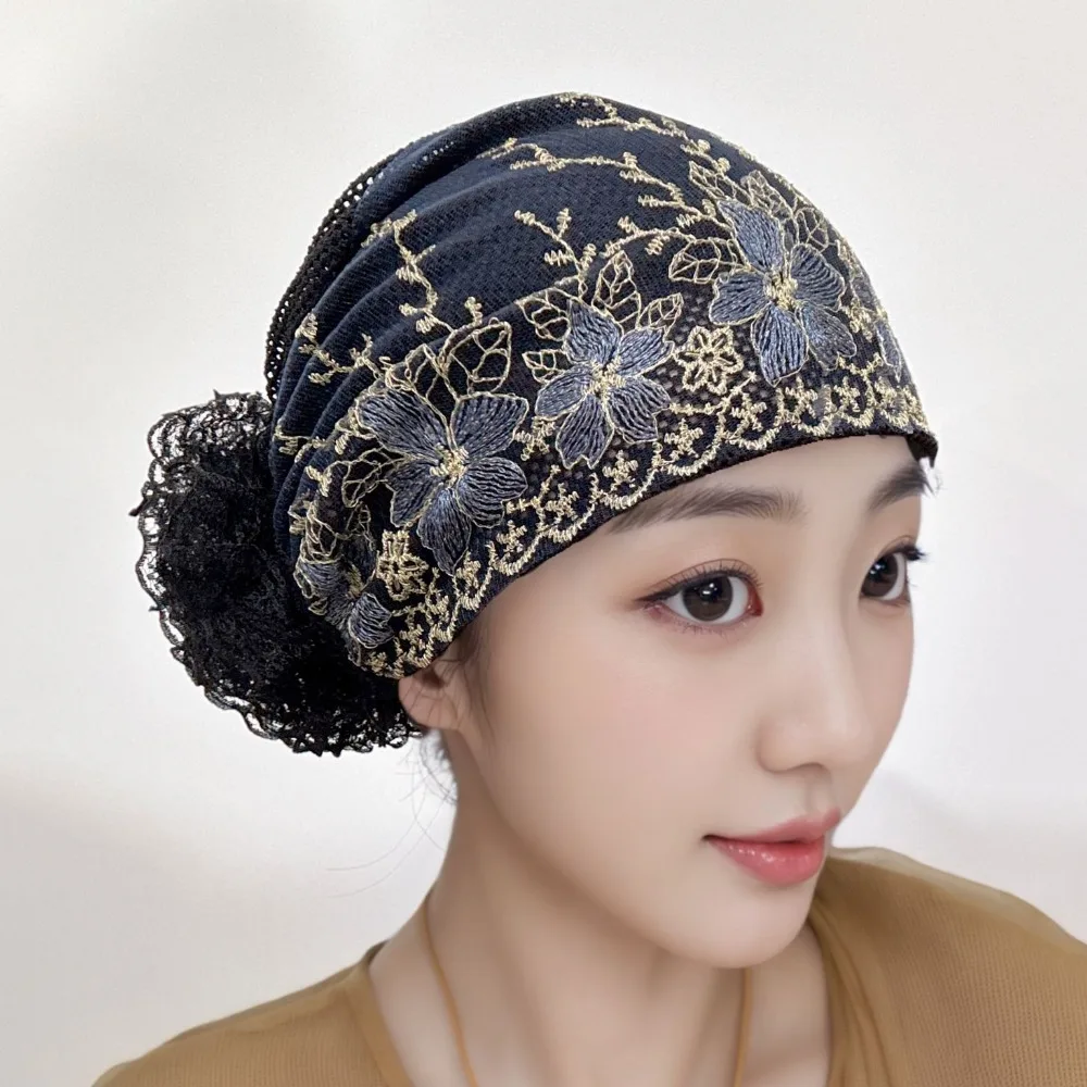 New Flower Embroidery Bonnet Hat Elastic Full Cover Headscarf Breathable Cover White Hair Postpartum Cap Women