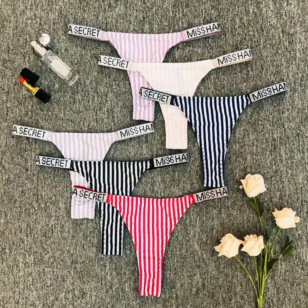 Women Underwear Rhinestone Letter Decor Low Waist Striped Print Women Panties Plus Size Butt-lifted Thong Lady for Women