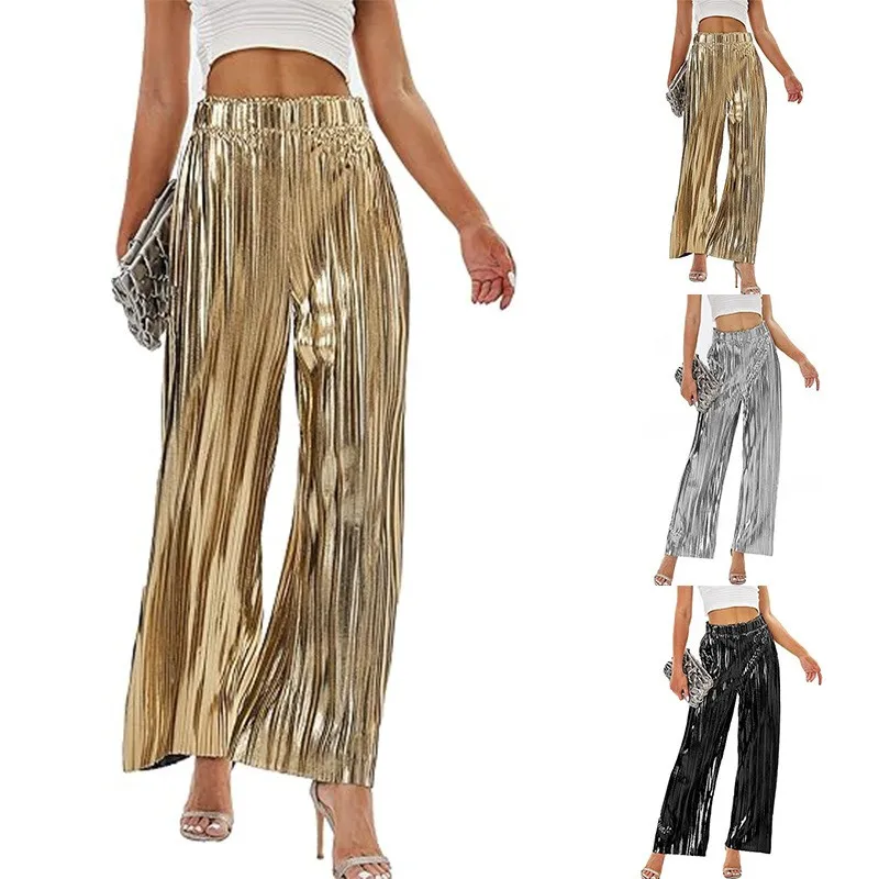 Summer Women Pants High Waist Crinkle Black Trousers Pleated Metallic Long Length Wide Leg Pants Shiny Fabric Full Length Pants