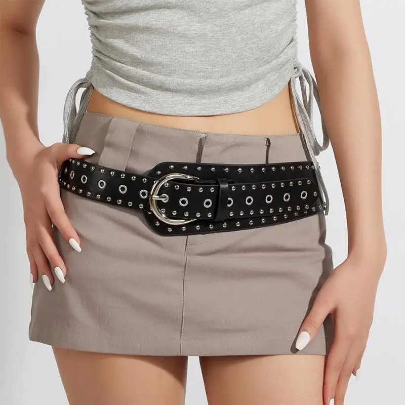 Schwarzbrauner Retro Vintage Nieten-Gürtel mit Nieten-Design Y2k Damen-Taillengürtel Schicker Punk PU-Leder Kleider-Jeans-Gürtel für Frauen – Detail 2