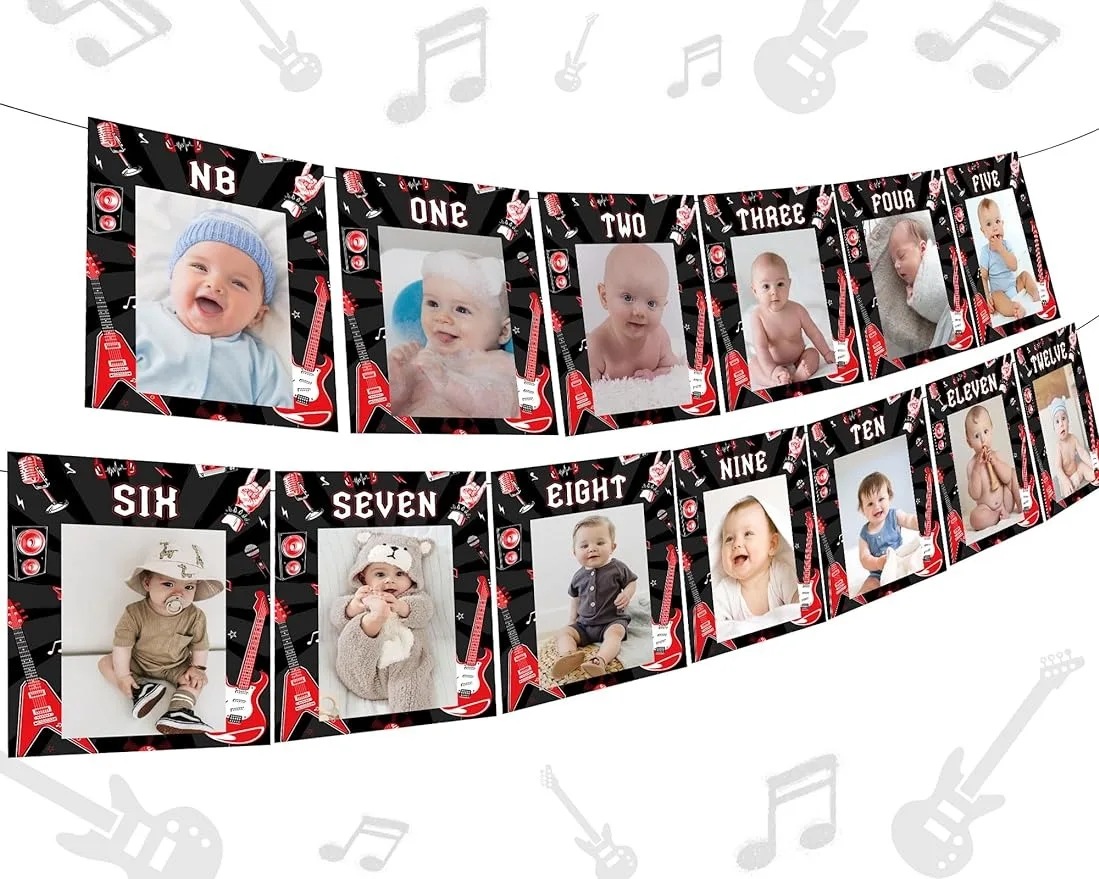 

Fangleland Rock Themed First Birthday Photo Banner,Photograph Bunting Garland for Baby From Newborn To 12 Months