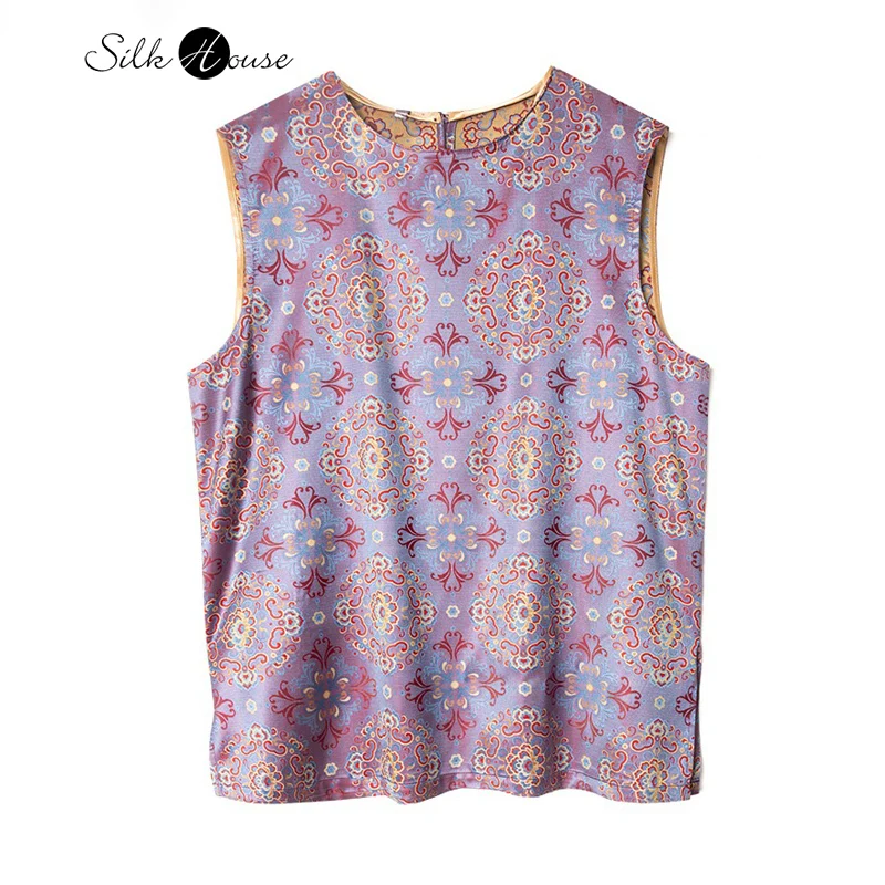 2025 Summer New Sky Blue Baoxiang Flower Versatile Comfortable 100% Natural Mulberry Silk Su Brocade Women's Casual Tank Top