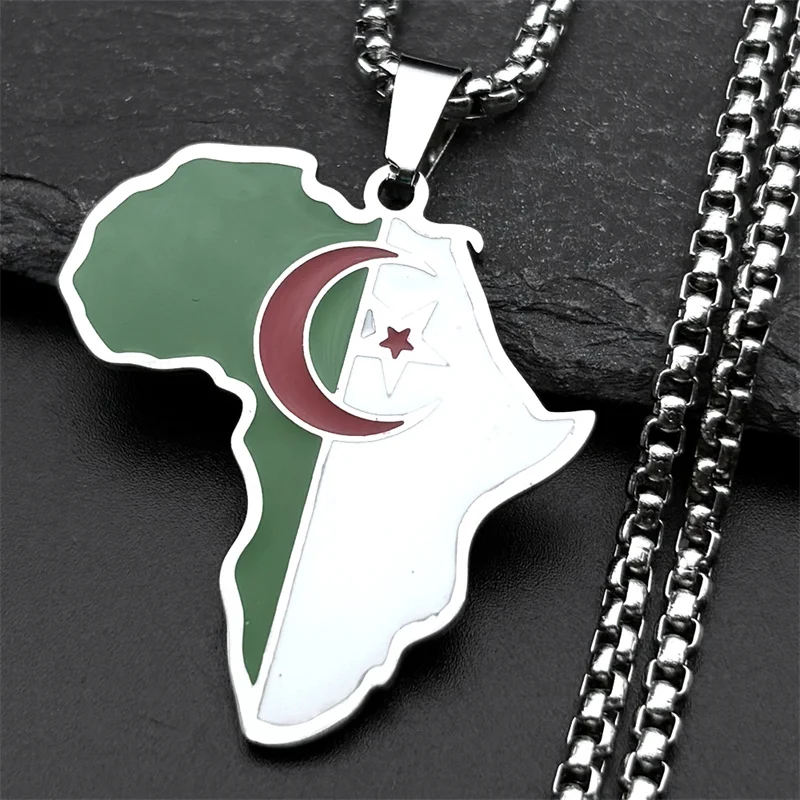 الجزائر الأفريقي خريطة العلم قلادة قلادة للنساء الرجال الفولاذ المقاوم للصدأ الملونة المينا الذهب اللون القمر ستار سلسلة مجوهرات هدية