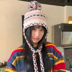 Japanese Contrasting Color Hairball Fringed Braid Knitted Hat for Men and Women Winter Jacquard Ethnic Style Warm Bomber Hats