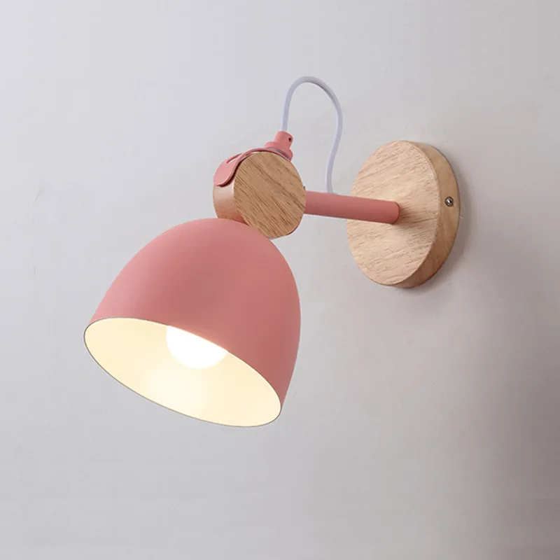 

Macaron Solid Wood Wall Lamp Creative Bedroom Bedside Iron Wall Light Nordic Living Room Corridor Staircase Lighting