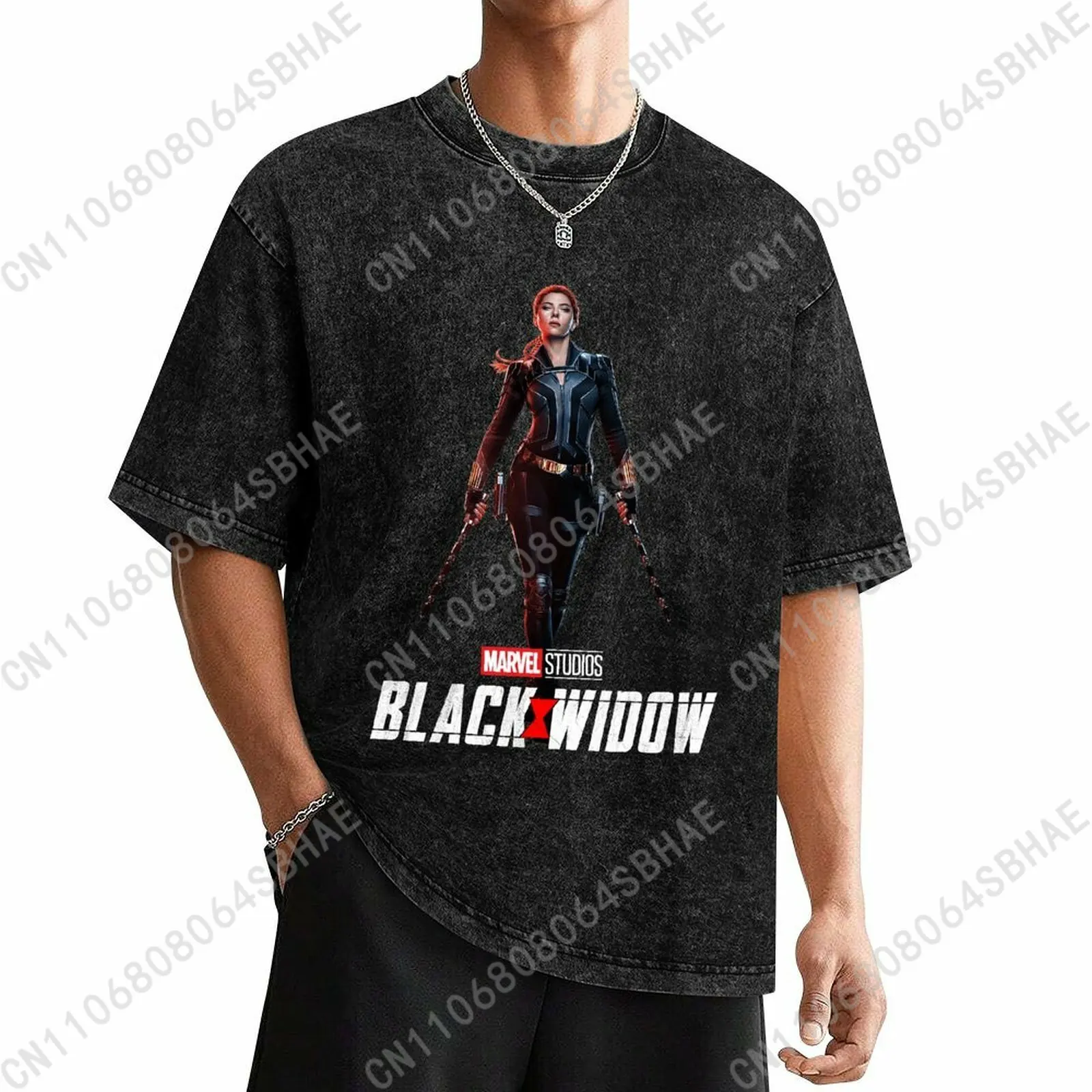

Marvel Black Widow Custom Mens Vintage T Shirt Washed Distressed Tee Men Retro Short Sleeve Personalized Cotton Shirt Cosplay