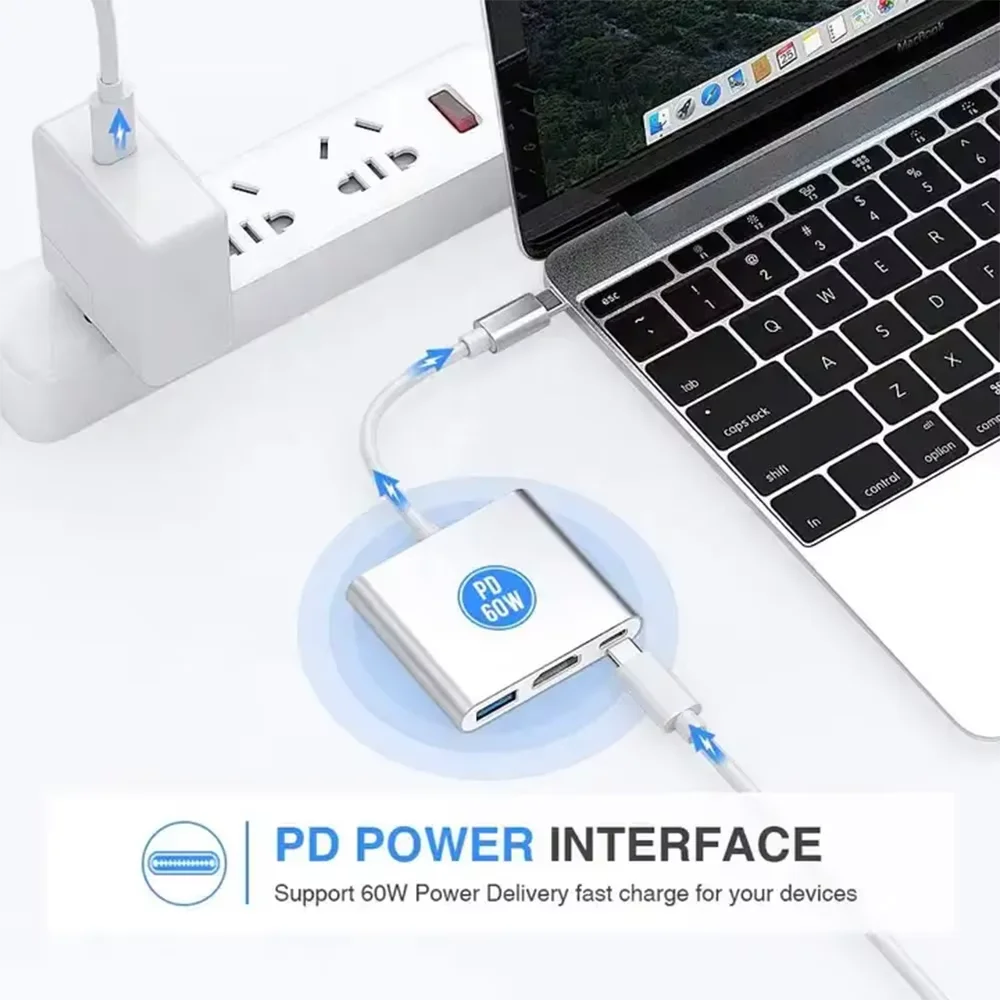 Hub USB C 3 in 1 Adattatore HUB compatibile da tipo C a HDMI Splitter di ricarica USB 3.0 PD per MacBook Air Pro Huawei Samsung Nintendo