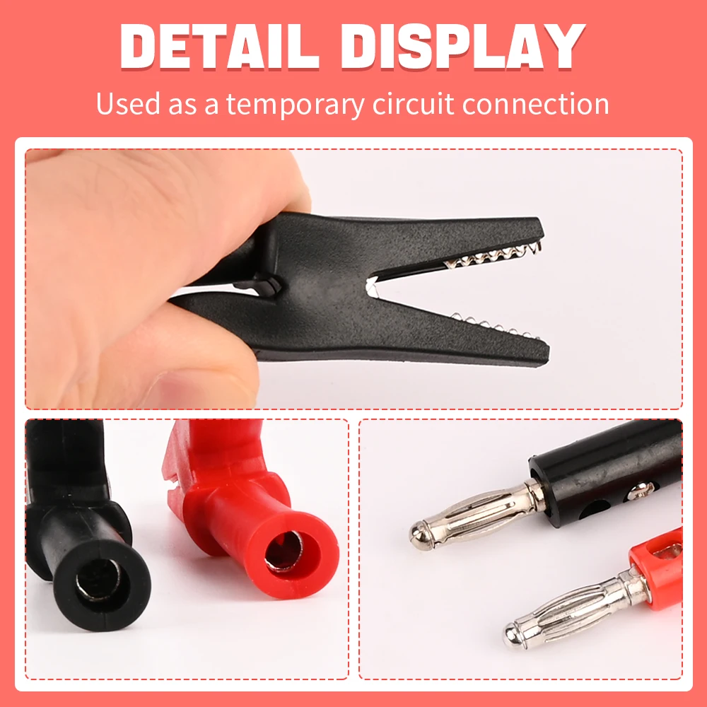 6pcs/Set 55mm Alligator Clip + Banana Plug, Test Probe With 4mm Banana Plug Cable Clips Red + Black Test Accessories