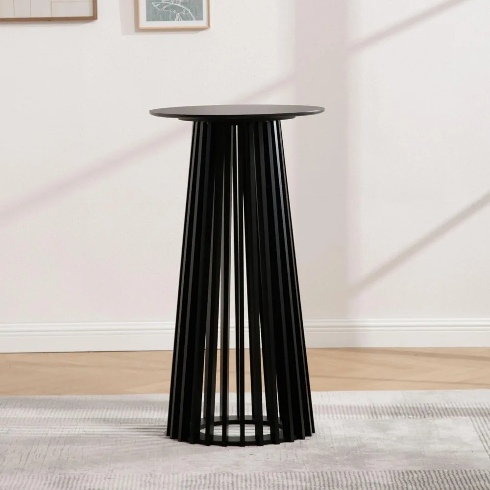 43.5" High Round Bar Table, Modern Wood Cocktail Table with Columnar Wooden Strips Base