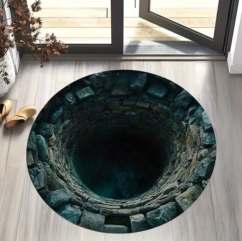 3D Visual Waterfall Circular Floor Mat Courtyard Art Style Flannel Durable Mat Living Room Bedroom Kitchen Corridor Home Decor