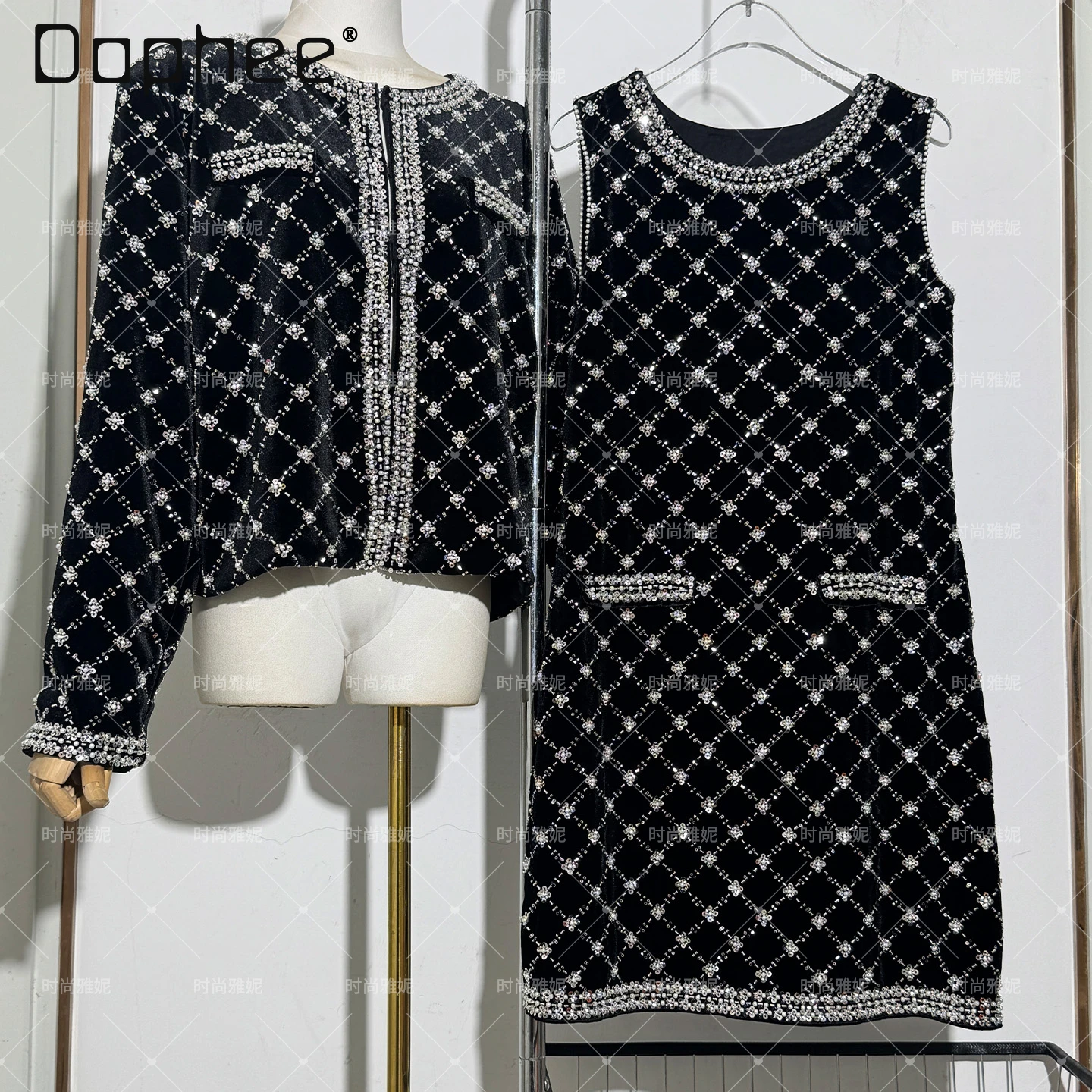 

European American Court Style Beaded Sequin Pearl Round Neck Long Sleeve Loose Short Coat Sleeveless A-Line Evening Dresses