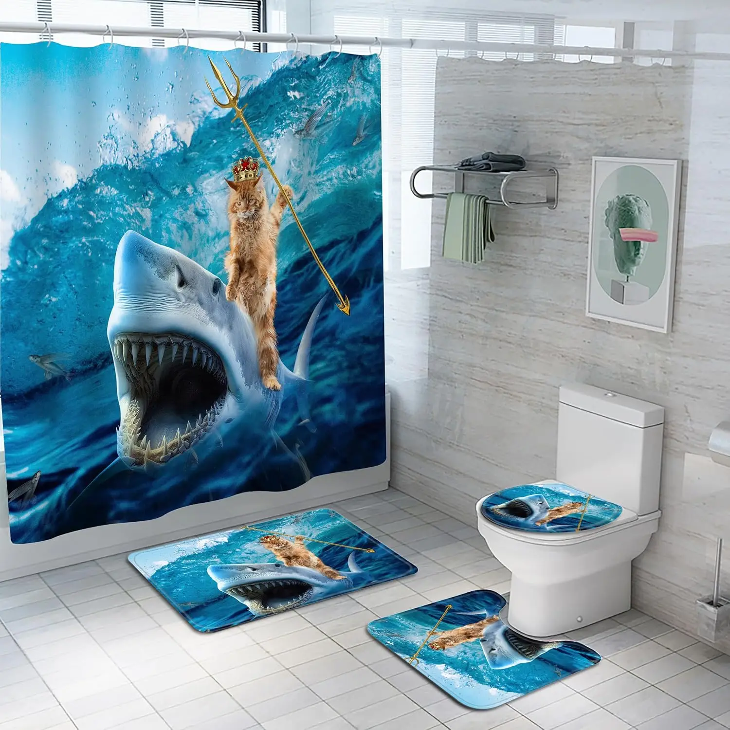

4 шт., водонепроницаемые наборы занавесок для душа с забавной кошачьей акулой, океанские наборы для ванной комнаты с занавеской для душа, коврик для крышки унитаза, контурный коврик и