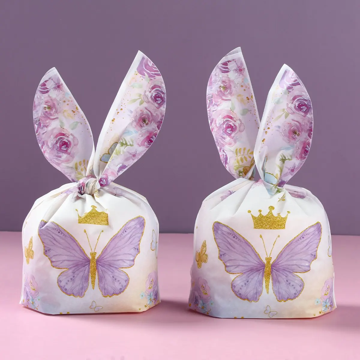 50pcs Rabbit Ear Bags Plastic Cookie Candy Bags Butterfly Birthday Party Baking Snack Packing Supplies Kids Gifts Boy Girl