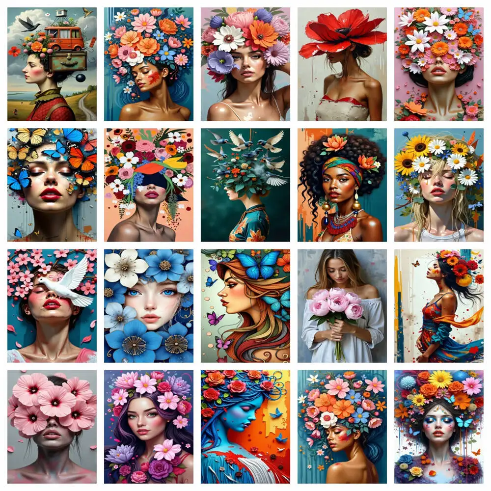 AZQSD Bild Ölgemälde nach Zahlen Frau Blume Porträt Zeichnung auf Leinwand Kunst Home Decor