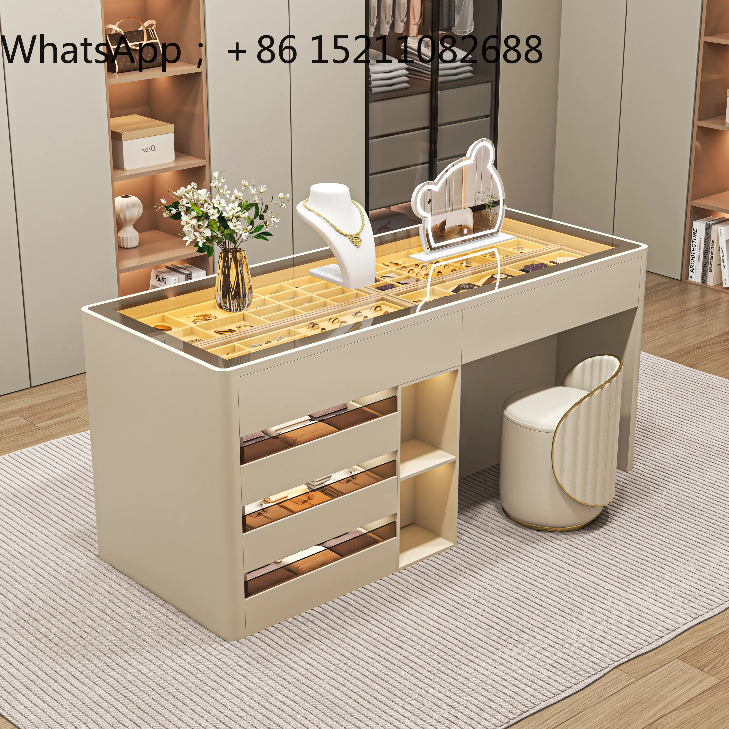SCY Cloakroom Island Platform Solid Wood Floor Jewelry Display Cabinet Dresser Storage Integrated Cabinet