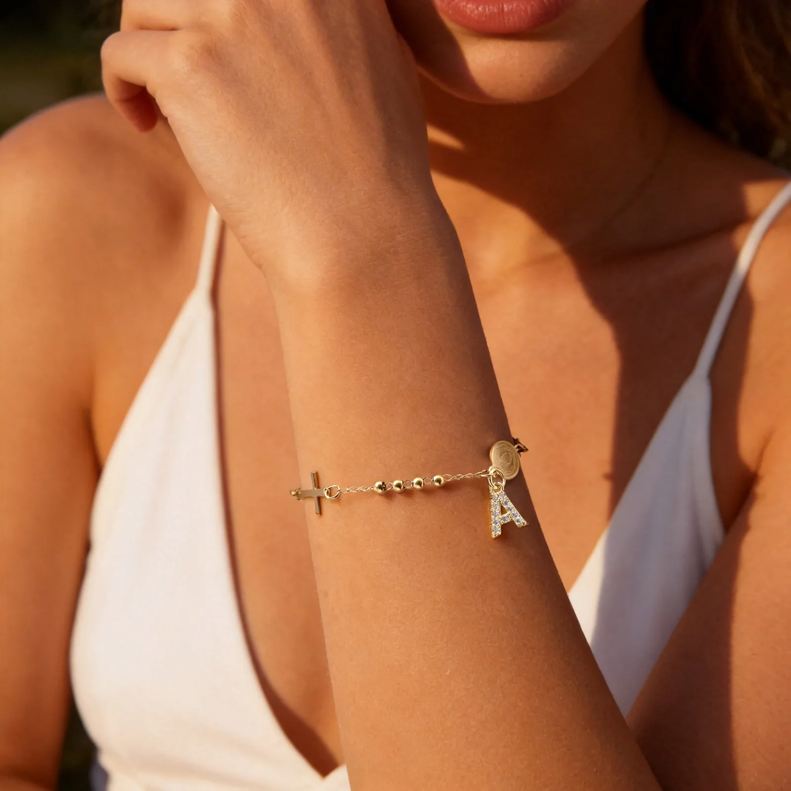 Rosary Virgin Mary Bracelet Cross Stainless Steel Chain Gold Plated Initial Letter A-Z Charms Baptism First Communion Jewelry