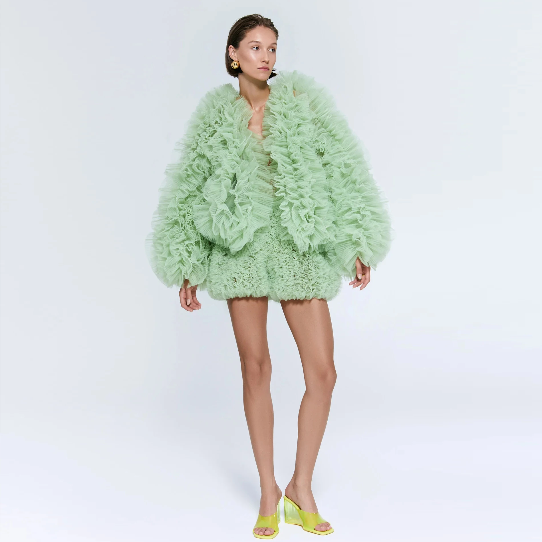 

Fashion Mint Jacket Long Sleeves Custom Made Women Party Outfi Ruffled Fluffy Lush Mint Jacket Top Tulle Elegant Layered