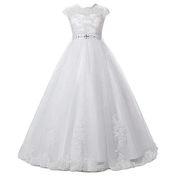 HYGLJL Lace Flower Girl Dress First Communion Baptism Dresses For Girls Robe Floor-Length Appliques Ball Gown with Beading