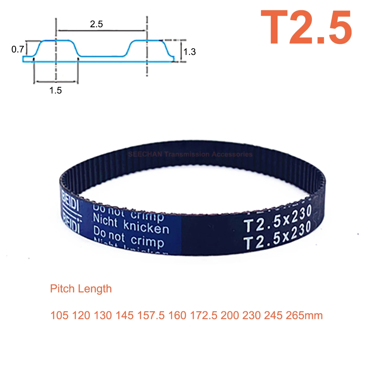 

Trapezoidal Tooth T2.5 Synchronous Belt Perimeter 105 - 265mm Rubber with Fiberglass Core Width 6/10/15/20mm Timing Belt