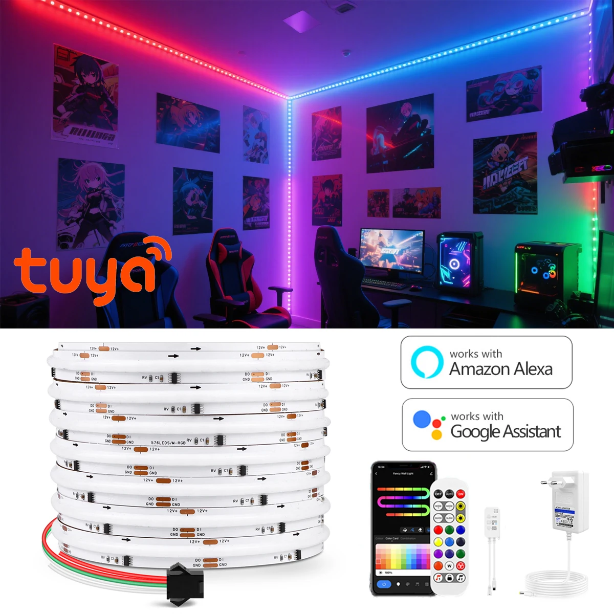 RGBIC COB LED Strip Light Game Esports Room Atmosphere Lights 12V Tuya WIFI Smart APP Voice Control Computer Decor Colorful Tape
