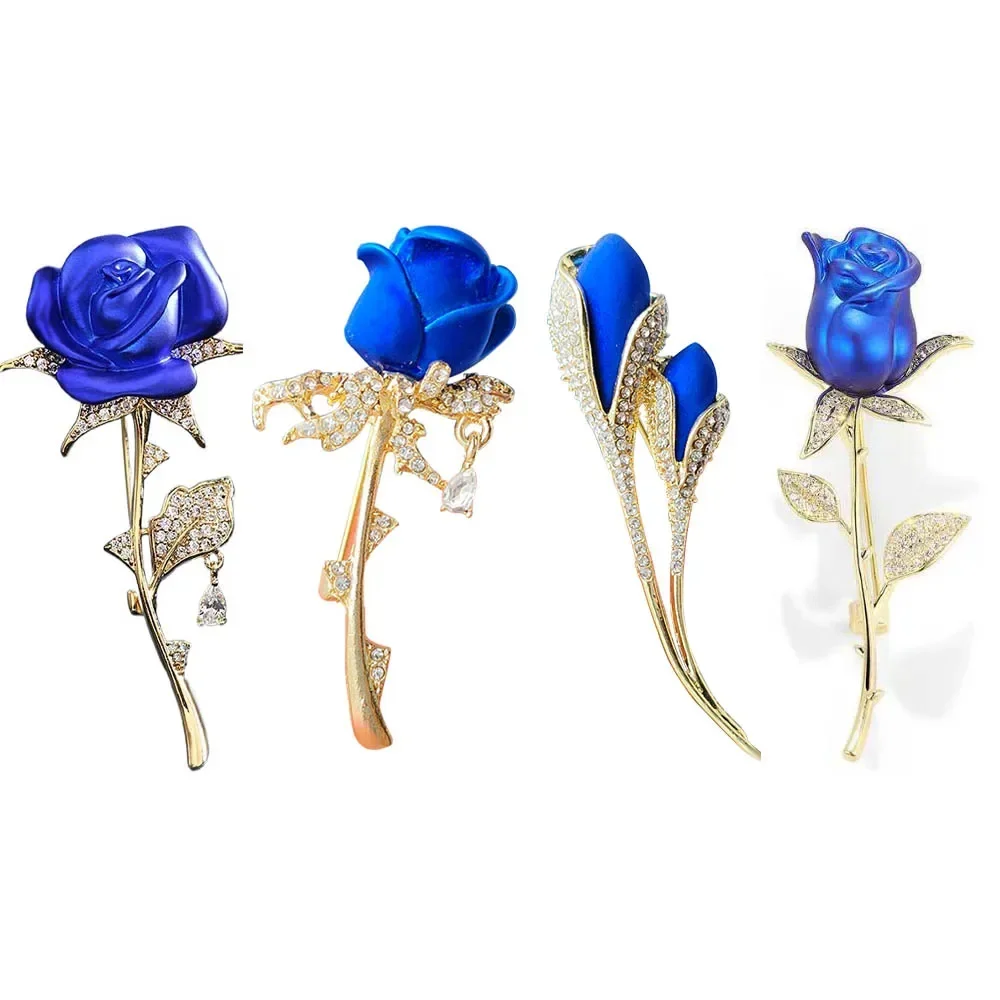 Elegant 3D Bule Color Rose Tulip Brooches for Women Men Rhinestone Flower Lapel Pin Wedding Party Badge Valentines Gifts