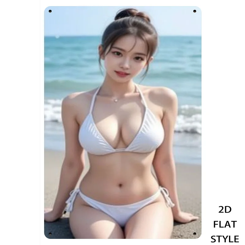 HD Metal Tin Sign Sexy Asian Girl White Bikini Beach Portrait Wall Art Decor