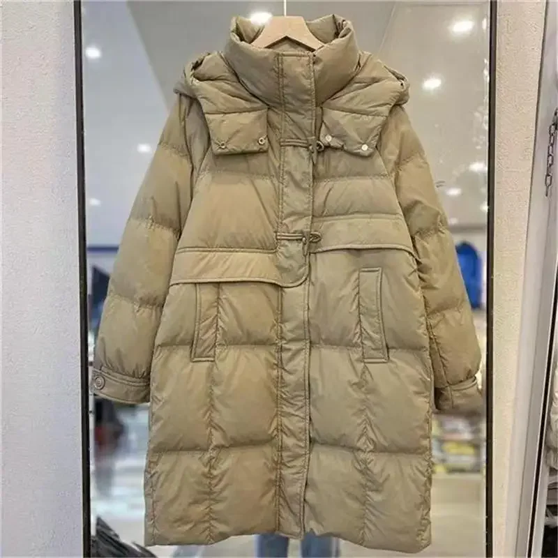 Korean high-end down jacket women's medium and long 2023 winter new fashion foreign style horn buckle hooded  duck down